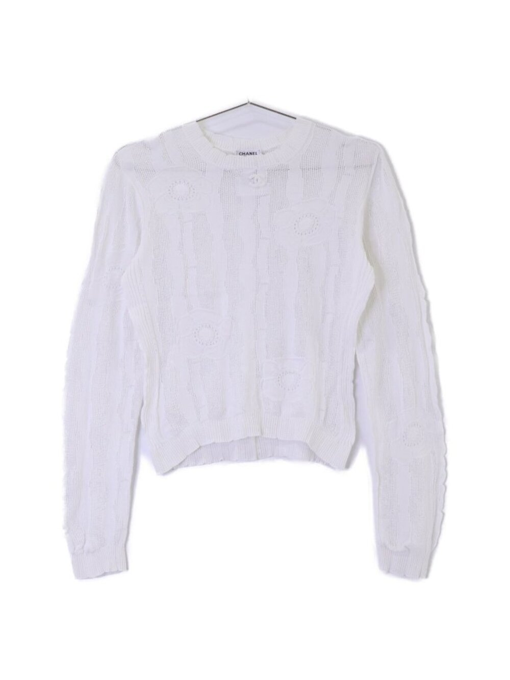 Chanel Cotton Camellia Motif Sheer Knit Sweater 34